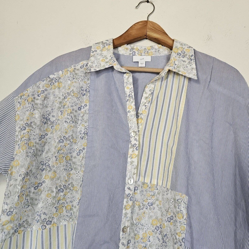 J. Jill Womens Floral Patchwork Button Up Blouse Size L Eyelet - Picture 2 of 9